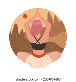 View from behind of girl meditating in Lotus pose. Girl practicing yoga against nature background cartoon vector illustration