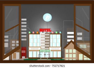 View from behind the window, the city's night time atmosphere. - Vector illustration.