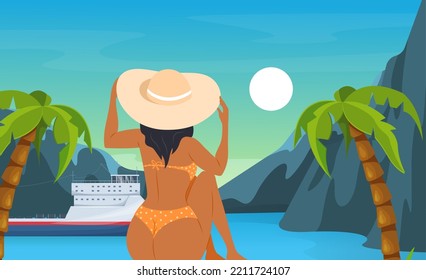 View From Behind Of Woman Sunbathing At Seaside. Girl In Bikini And Straw Hat Relaxing At Sea Beach Luxury Resort. Seashore Landscape With Sea, Cruise Ship And Palm Trees Cartoon Vector