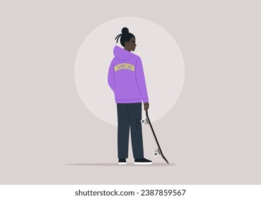 A view from behind of a young character wearing a hoodie and holding a skateboard