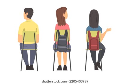 View From Behind Of Young People Sitting In Chairs In Row, Students Listening Lecture Cartoon Vector Illustration