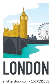 the view of big ben and parliament house with london skyline and london eye in the background as seen from the river thames. Handmade drawing vector illustration. Vintage style poster and sticker.