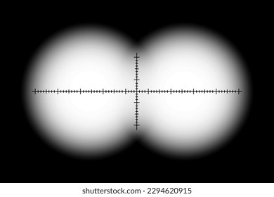 View in binoculars. Frames for military, hunting or tourism binoculars. Two circles with transparency fields. Measurement scale in the center. Vector illustration.