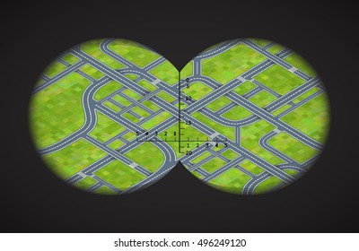View from the binoculars with metrics on difficult road junctions in isometric view