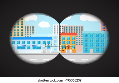 View from the binoculars with metrics on flat city buildings