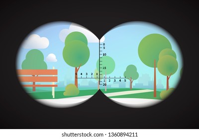 View from binoculars on landscape with park and cityline