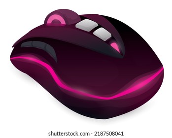 View of black computer mouse, with lateral and middle special buttons, scroll and glowing pink LED lights.