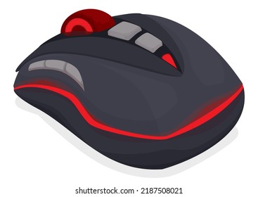 View of black gaming mouse, with lateral buttons, scroll and red LED lights illuminating it. Design isolated in cartoon style.