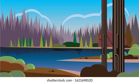 The view of the blue lake and the expanse of pine trees add to the natural and beautiful impression. The weather is sunny and friendly with nature. It's amazing natural favors