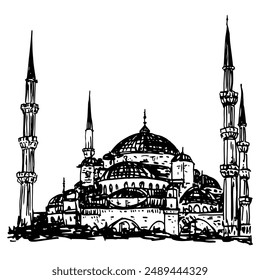 View of The Blue Mosque in Istanbul, Turkey. The Sultan Ahmed Mosque. Hand drawn linear doodle rough sketch. Black and white silhouette.