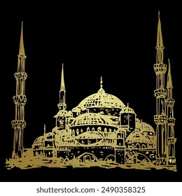 View of The Blue Mosque in Istanbul, Turkey. The Sultan Ahmed Mosque. Hand drawn linear doodle rough sketch. Golden glossy silhouette on black background.