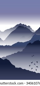 View of blue mountains with birds and fog. Mountain landscape.