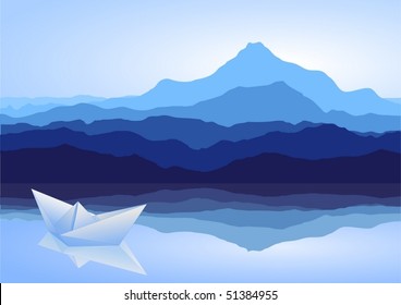 View of blue mountains with lake and paper ship - vector