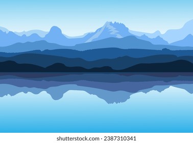 Vista de las montañas azules. Picturesca reflexión en el lago, montañas . Ilustración vectorial.