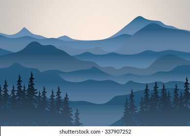 View of blue mountains reflected in the water. Mountain landscape.