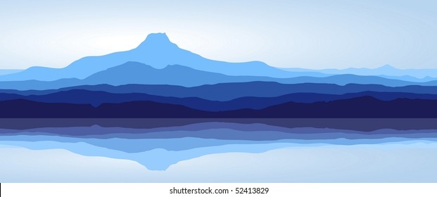 View of blue mountains with reflection in lake - panorama (vector)