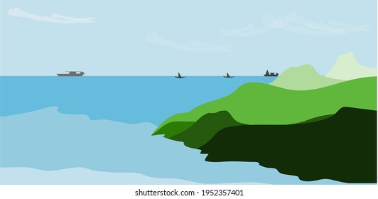 vistas al mar azul, con un gran barco a lo lejos y una isla verde a su lado