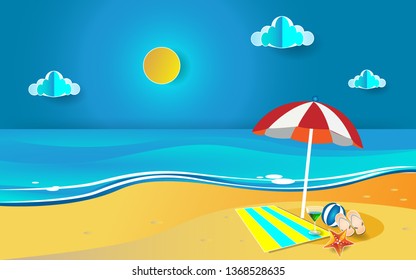 view of the blue sea. summer time. sea with beach. paper cut and craft style. vector, illustration.