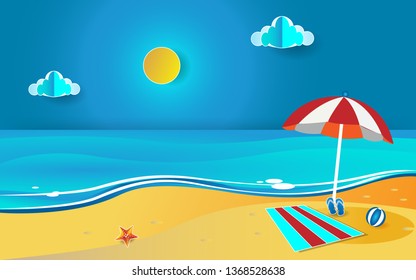 view of the blue sea. summer time. sea with beach. paper cut and craft style. vector, illustration.