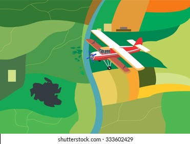 View from board of plane, green field and river jet plane on foreground