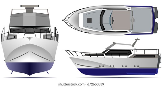 A view of the boat from all sides of a vector template on a white background. The yacht is isolated.  Side view front, rear and top.