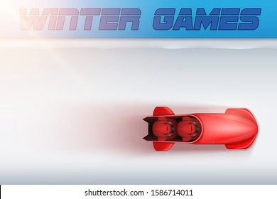 View of Bobsleigh Track with red bobsled and athletes in motion. Vector Illustration Background