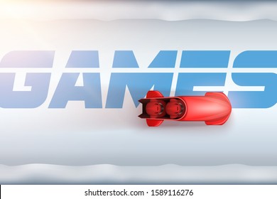 View of Bobsleigh Track with red bobsled and athletes in motion. Vector Illustration Background