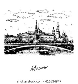 View of Bolshoy Kamenny Bridge on Moskva River and Kremlin in Moscow, Russia. Sketch by hand. Vector illustration. Engraving style