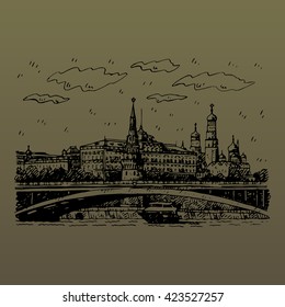 View of Bolshoy Kamenny Bridge on Moskva River and Kremlin in Moscow, Russia. Sketch by hand. Vector illustration. Engraving style
