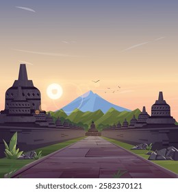 View of Borobudur Temple with sidewalk and sunlight