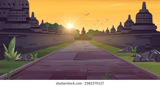 View of Borobudur Temple with sidewalk and sunlight