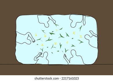 view from bottom of pit into which flowers are thrown by people fall - one line drawing vector. concept funeral, farewell