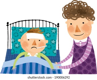 Der Blick auf den Jungen im Bett mit Mutter 