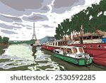 View of the bridge Le Pont de Bir-Hakeim and the Eiffel Tower. River Seine.  Paris, France. Urban sketch. Hand drawn vector illustration