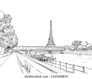 View of the bridge Le Pont de Bir-Hakeim and the Eiffel Tower. Paris, France. Urban sketch. Hand drawn vector illustration