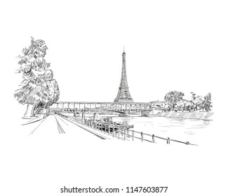 View of the bridge Le Pont de Bir-Hakeim and the Eiffel Tower. Paris, France. Urban sketch. Hand drawn vector illustration