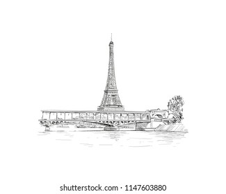 View of the bridge Le Pont de Bir-Hakeim and the Eiffel Tower. Paris, France. Urban sketch. Hand drawn vector illustration