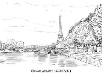View the bridge Le Pont de Bir  Hakeim   the Eiffel Tower  River Seine   Paris  France  Urban sketch  Hand drawn vector illustration