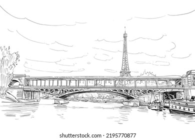 View of the bridge Le Pont de Bir-Hakeim and the Eiffel Tower. River Seine.  Paris, France. Urban sketch. Hand drawn vector illustration