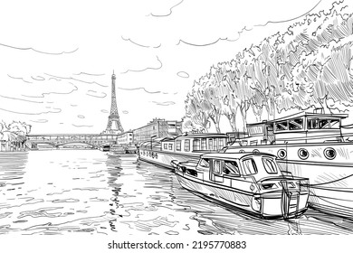 Aussicht auf die Brücke Le Pont de Bir-Hakeim und den Eiffelturm. Seine.  Paris, Frankreich. Stadtskizze. handgezeichnete Vektorgrafik