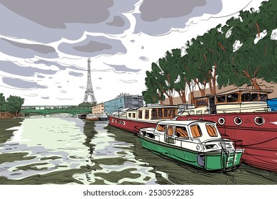 View of the bridge Le Pont de Bir-Hakeim and the Eiffel Tower. River Seine.  Paris, France. Urban sketch. Hand drawn vector illustration