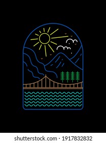 vista de un puente y una montaña durante el día de una línea mono - línea de insignia de arte parche pin gráfico ilustración vectorial arte diseño de camisetas