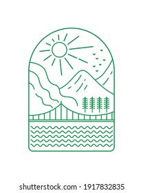 view of a bridge and a mountain during the day of a mono line - line art badge patch pin graphic illustration vector art t-shirt design