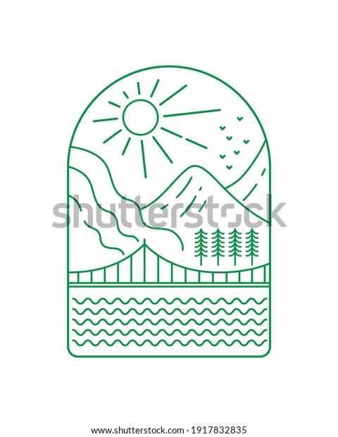 view of a bridge and a mountain during the day of\
a mono line - line art badge patch pin graphic illustration vector\
art t-shirt design
