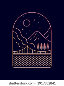 vista de un puente y una montaña en la noche monolínea - línea de insignia de arte parche pin gráfico ilustración vectorial arte diseño de camisetas