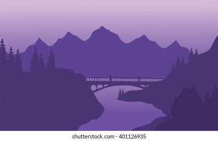 View bridge and mountain silhouette with purple backgronds