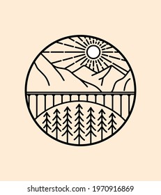 view of the bridge with mountains in the background wild line badge patch pin graphic illustration vector art t-shirt design