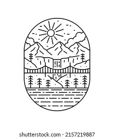 view of the bridge and the nature waterfall mountain in mono line style art for badge , emblems, patches, t-shirts, etc.