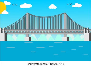 View of the bridge, the sea, the sky, the clouds, the birds, the mountains, the mountains