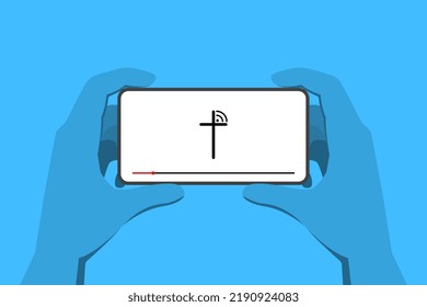 View the broadcast from the church using your phone. Online church concept.